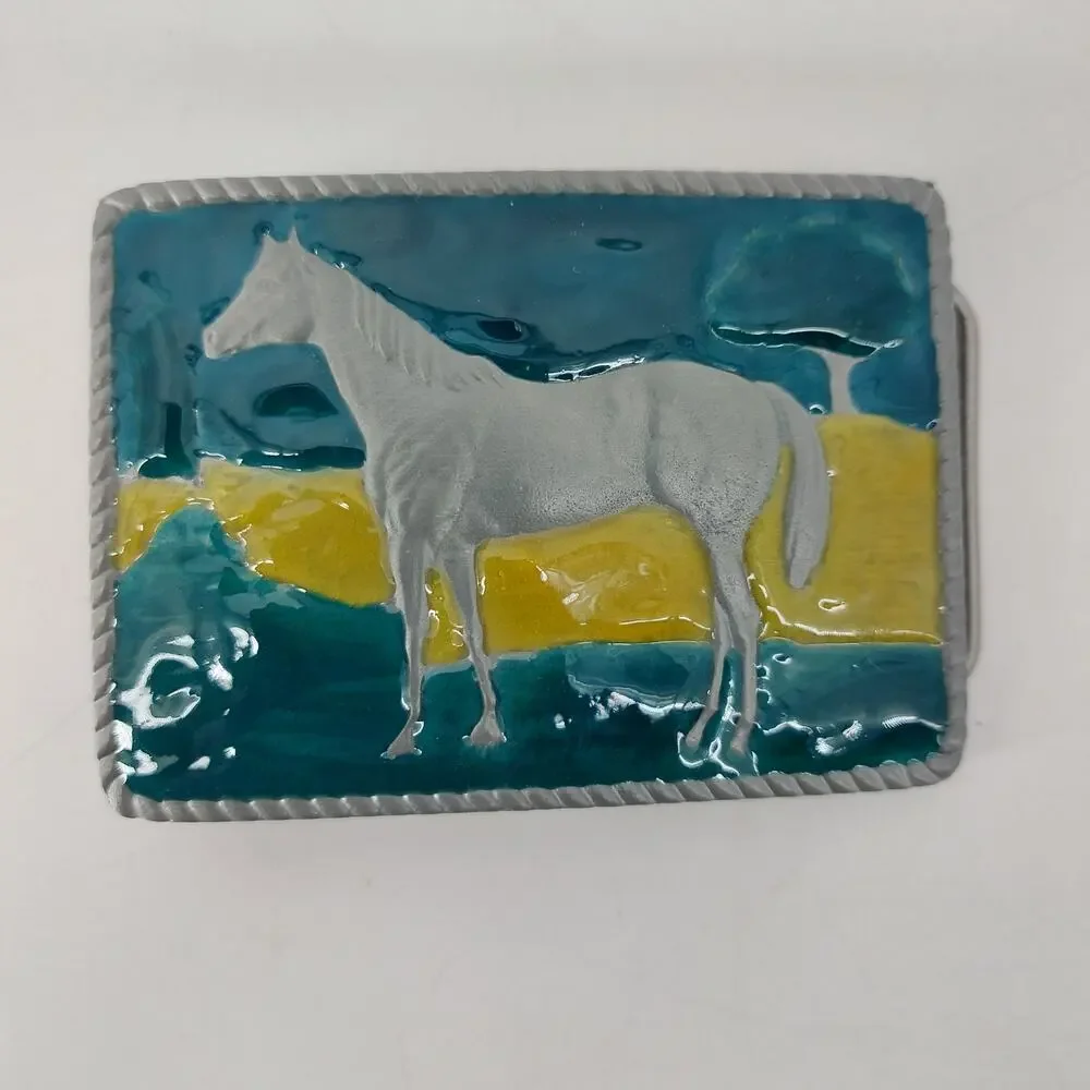 Great American Belt Buckle Western Cowboy Horse Green Yellow Enamel Country